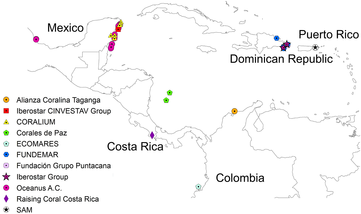 Where large coral reef projects exist in Latin and Central America
